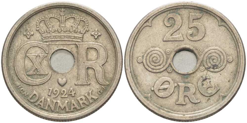 Дания 25 эре 1924 NCN; GJ Кристиан X (1912-1947) KM 823.1 медно-никель 4383-237
