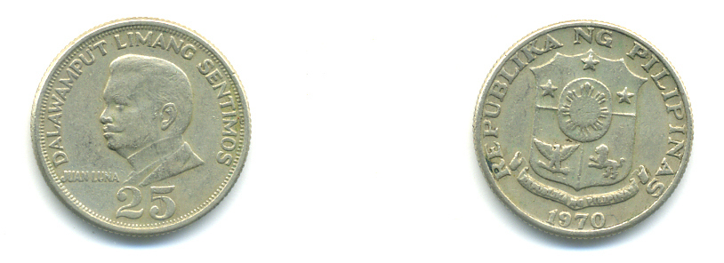 ФИЛИППИНЫ 25 СЕНТИМО 1970 РЕВОЛЮЦИОНЕР ХУАН ЛУНА KM 199 медь цинк никель 86-753