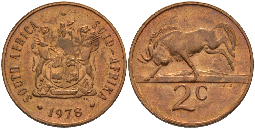 ЮАР 2 цента 1978 герб, антилопа гну KM 83 бронза UNC 67-337