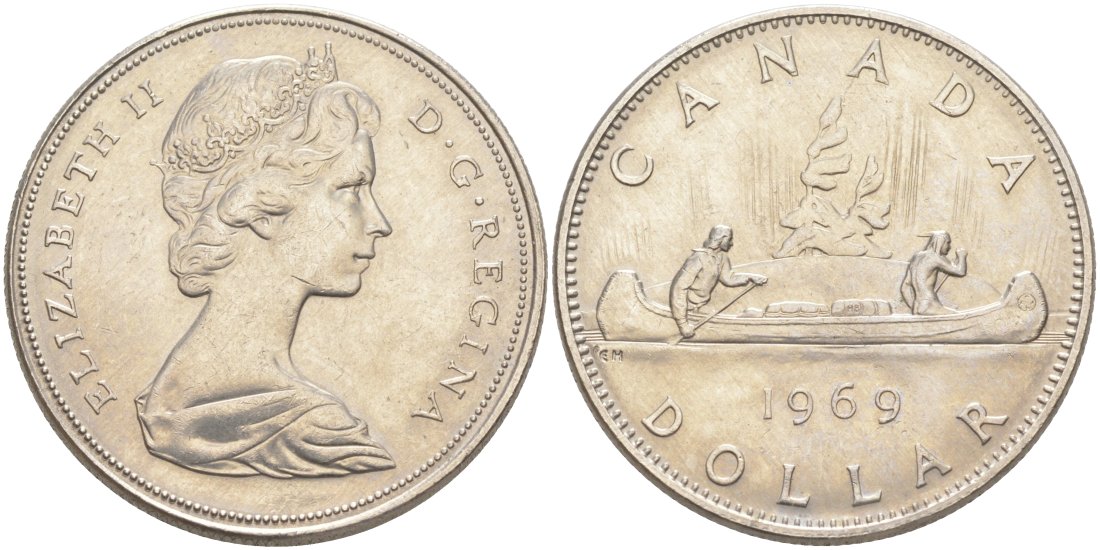 Канада 1 доллар 1969 Елизавета II (1952-2022), каноэ KM 76.1 никель aUNC 63-511