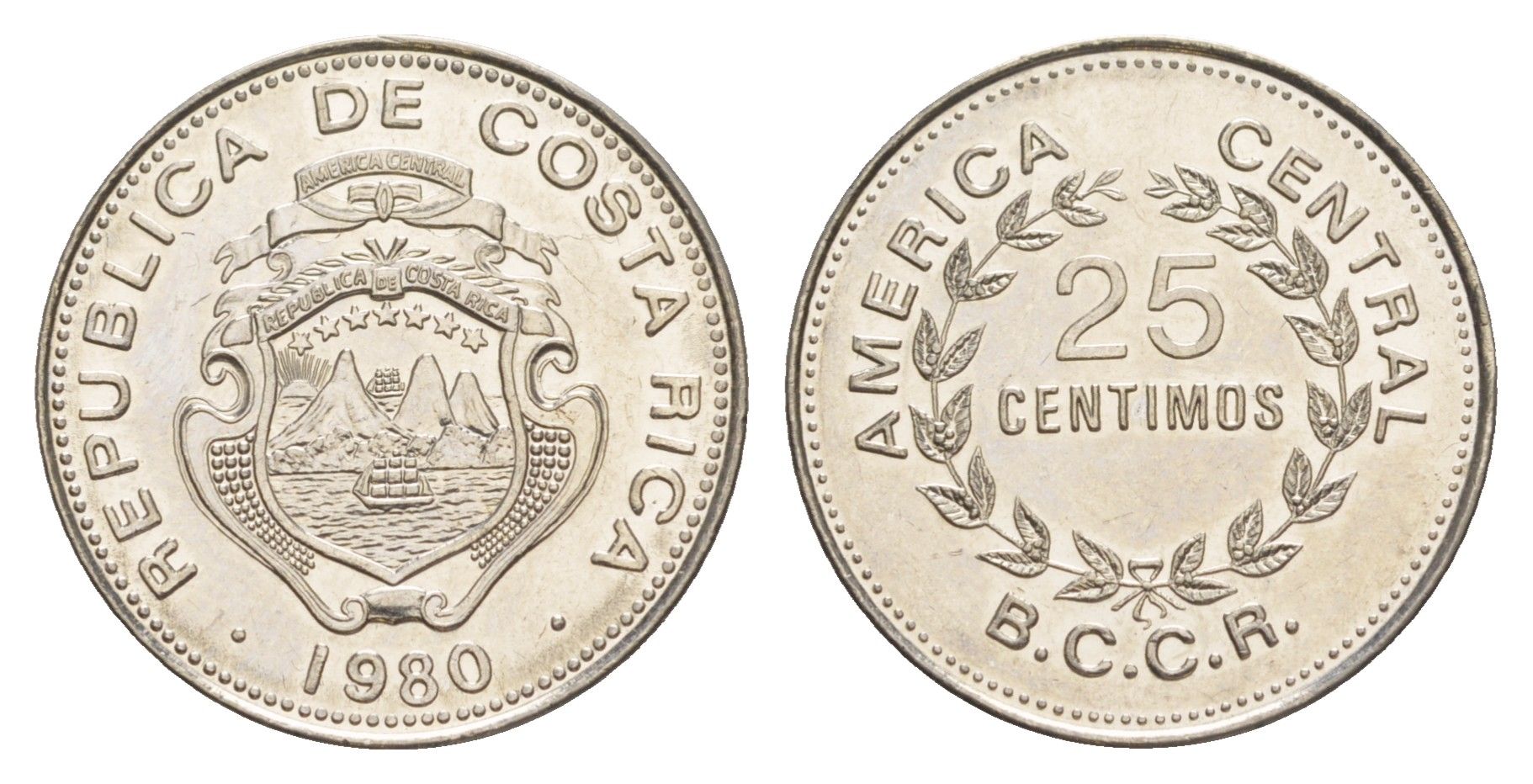 Коста-Рика 25 сентимо 1980 KM 188.1a сталь плакированная никелем UNC 4642-842