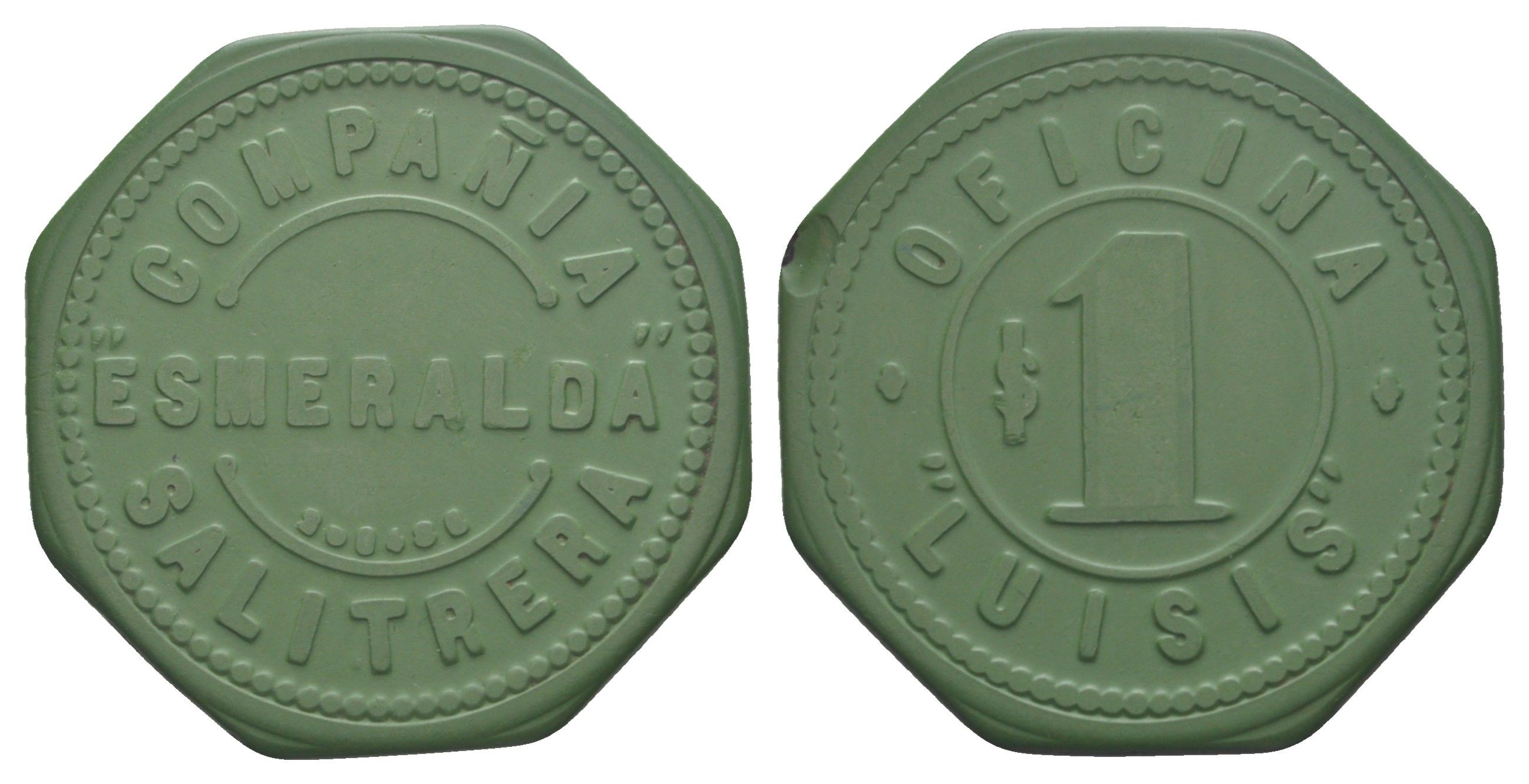 Чили, Луизис (Luisis), Антофагаста шахтерский жетон с Селитряного рудника для покупки в местных магазинах, номиналом в 1 песо около 1905 размер 42x42 мм, вес 4,84 гр Espinosa 189.3 эбонит (зеленый) 01-233-14