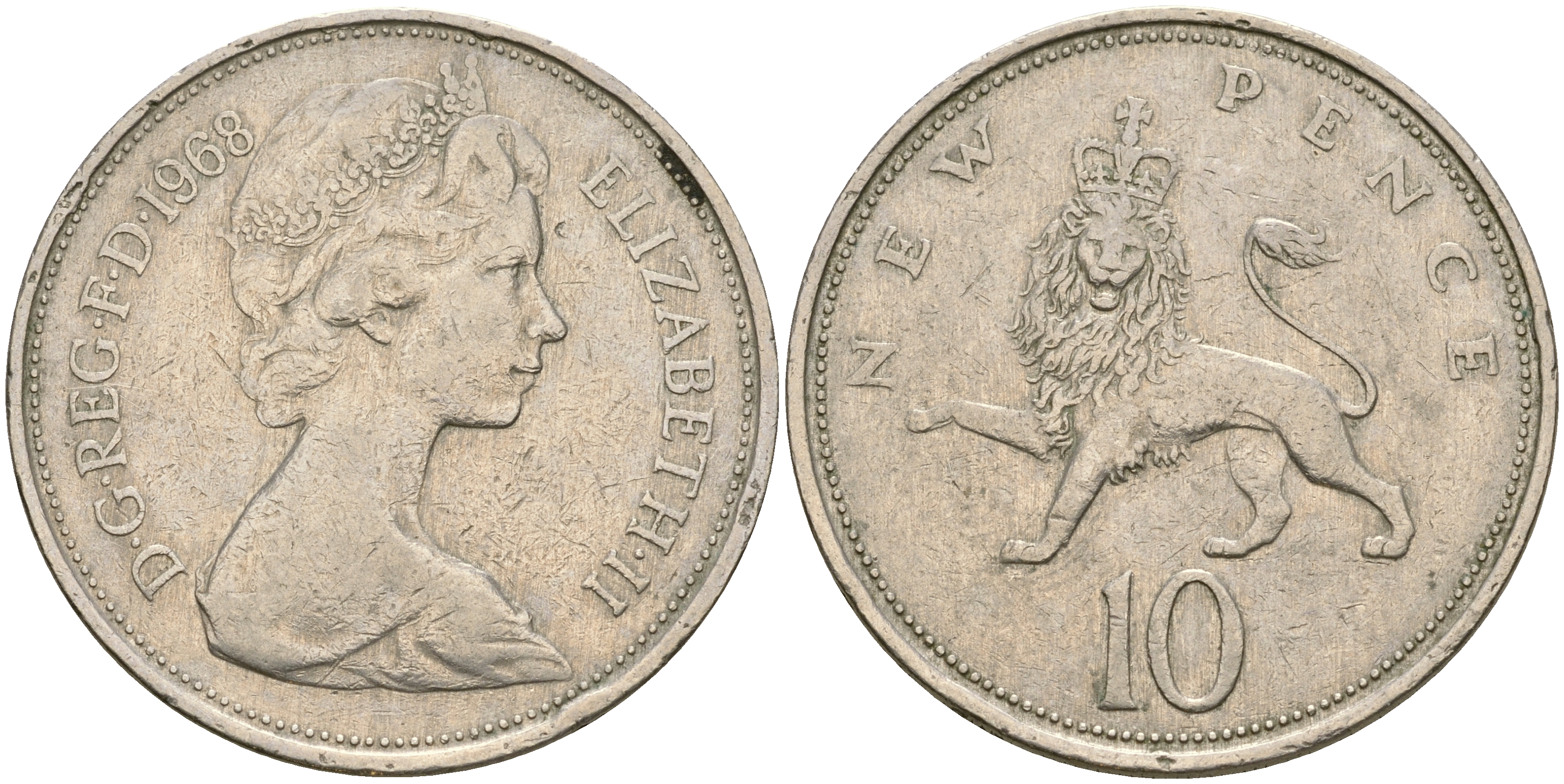 Великобритания 10 пенсов 1968 Елизавета II (1952-2022) KM 912, Spink 4231 (F1) медно-никель 4364-3822