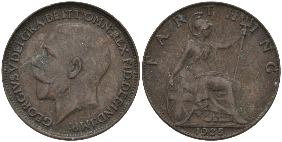 Великобритания 1 фартинг 1925 Георг V (1910-1936), светлая отделка KM 808.2, Spink 4060 бронза 4596-953