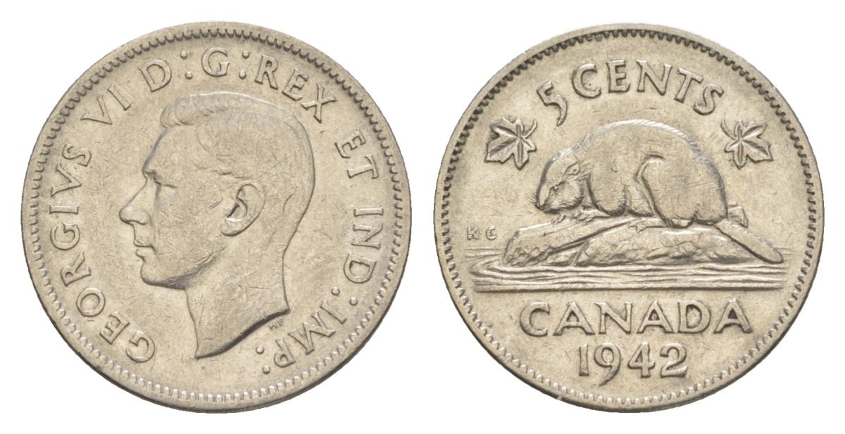 Канада 5 центов 1942 Георг VI (1936-1952), бобр KM 33 никель 4630-646