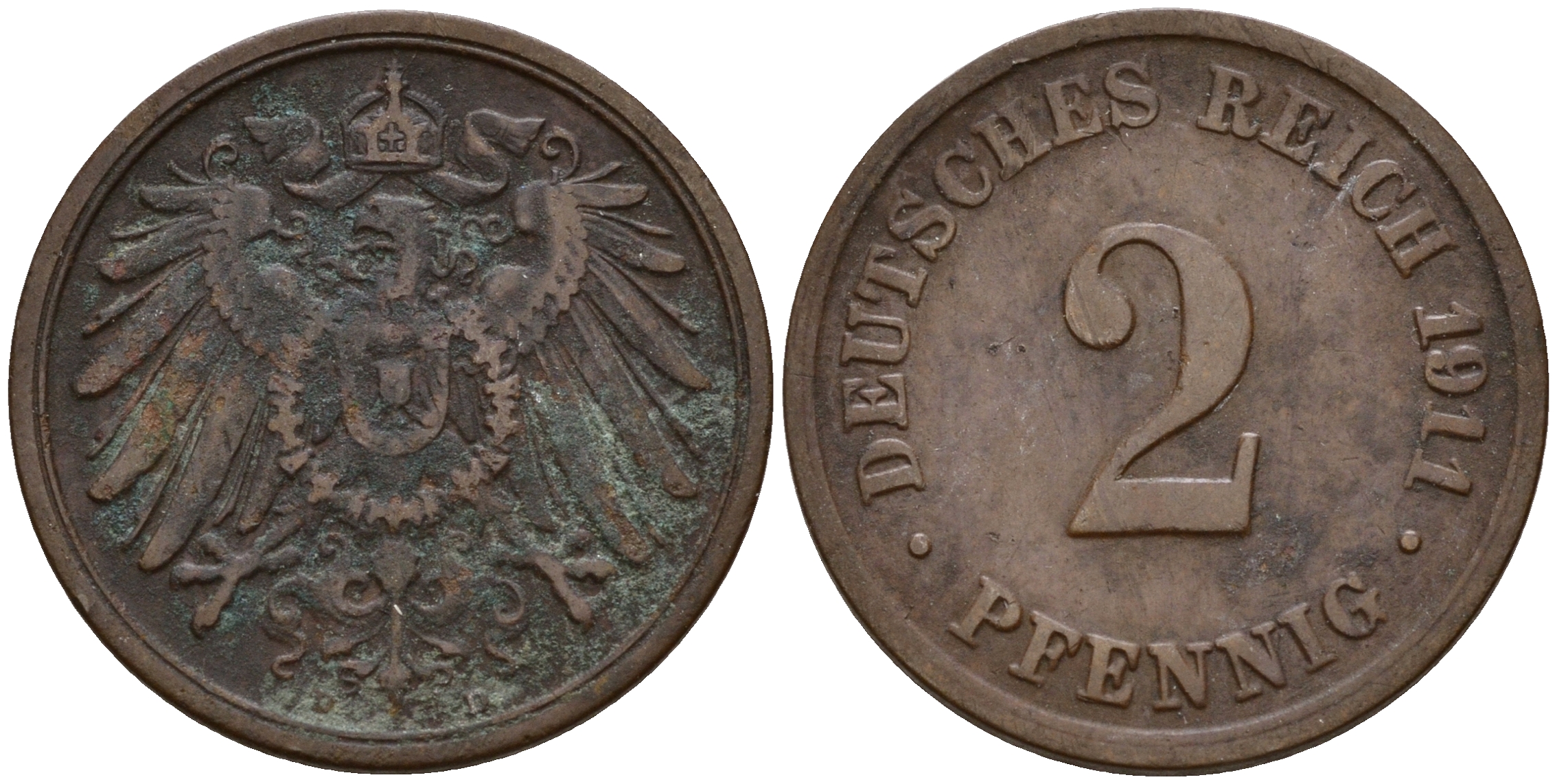 Германия 2 пфеннига 1911 D J.11  KM 16 медь  4598-612