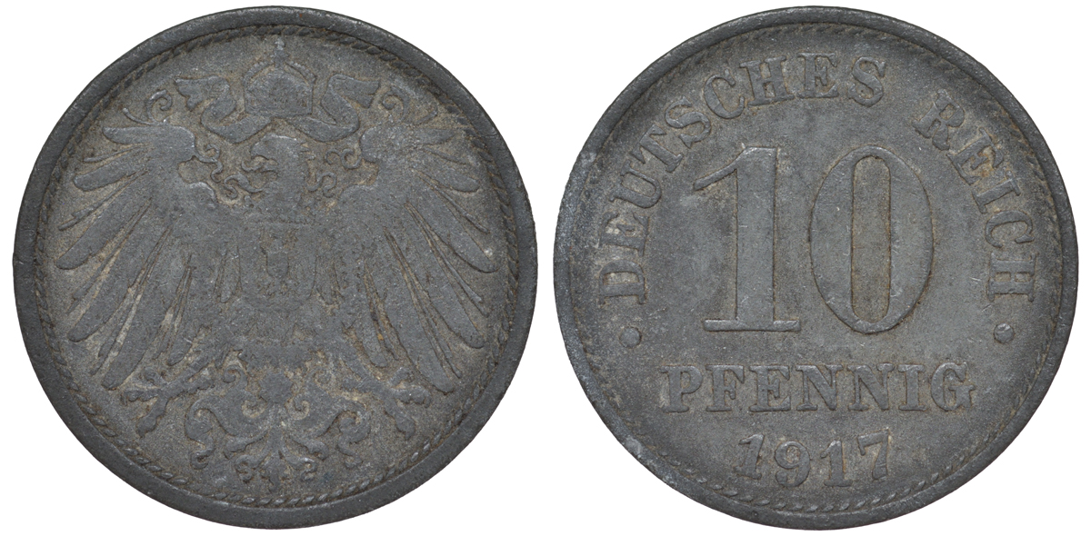 ГЕРМАНИЯ 10 ПФЕННИГОВ 1917 KM 26, J. 299 цинк 45-1246