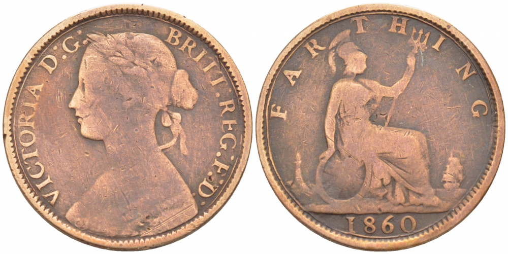 Великобритания 1 фартинг 1860 Виктория (1837-1901) KM 725, Spink 3950 бронза 77-156