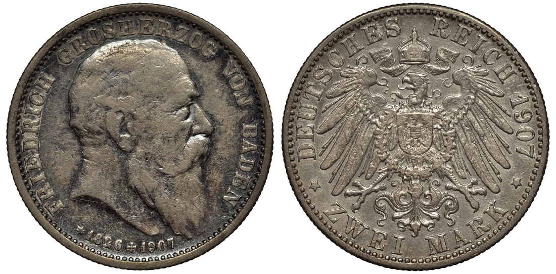 Баден 2 марки 1907 G, на смерть Фридриха I (1856-1907), Weege 36, J. 36, KM 278 серебро 02-264-55