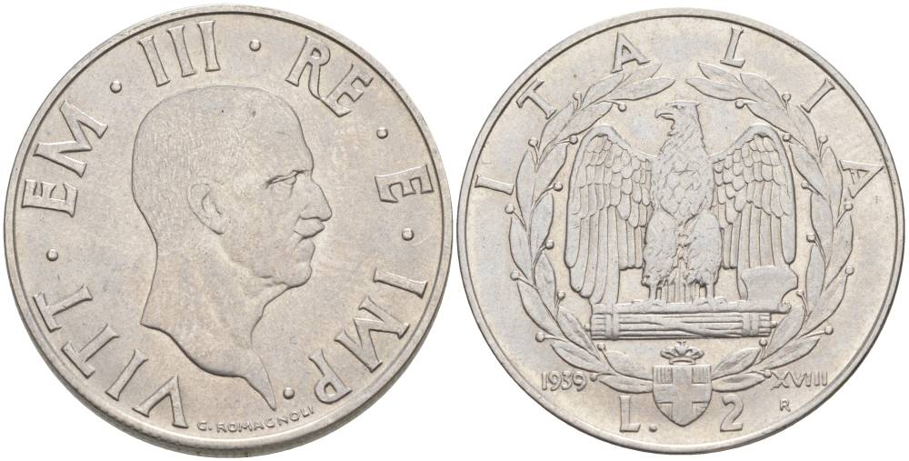 ИТАЛИЯ 2 ЛИРЫ 1939 R, ГОД XVIII, ВИКТОР ЭММАНУИЛ III (1900-1946), МАГНИТНАЯ, ГУРТ РИФЛЁНЫЙ KM 78b, VEM3. 1152 нержавеющая сталь 3855-224