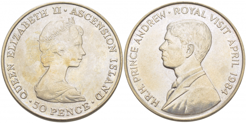 Остров Вознесения 50 пенсов 1984 королевский визит Принца Эндрю KM 6 медно-никель  UNC  118-432