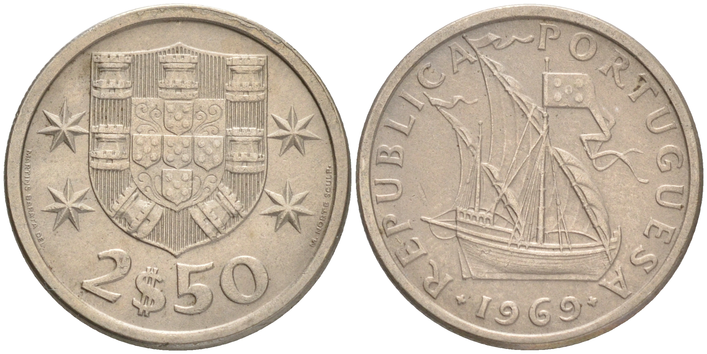 ПОРТУГАЛИЯ 2,5 ЭСКУДО 1969 ПАРУСНИК KM 590 медно-никель 75-1467