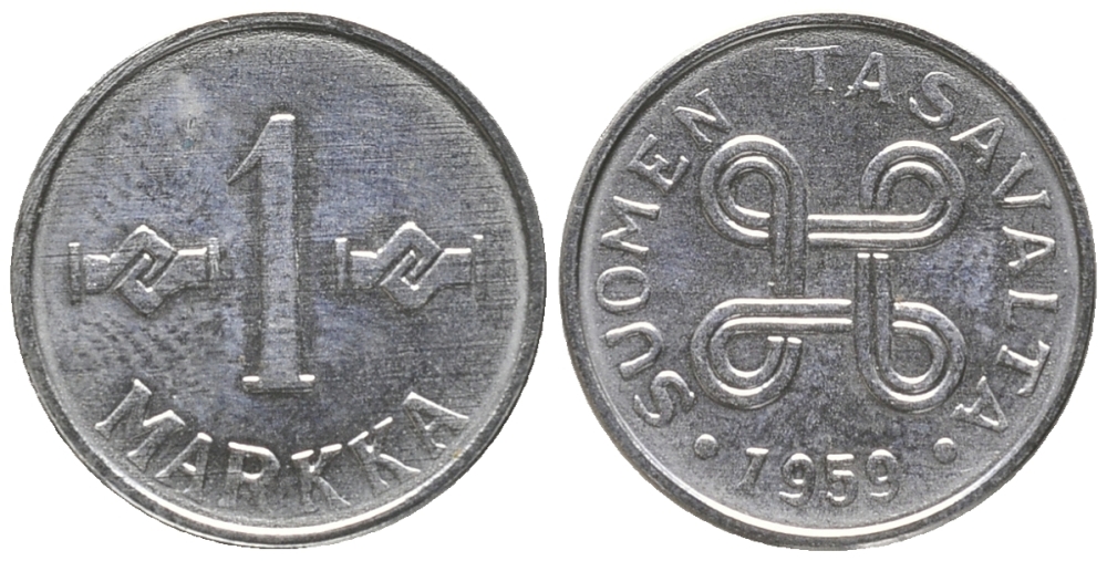 Финляндия 1 марка 1959 KM 36а железо плакированное никелем UNC 100-969