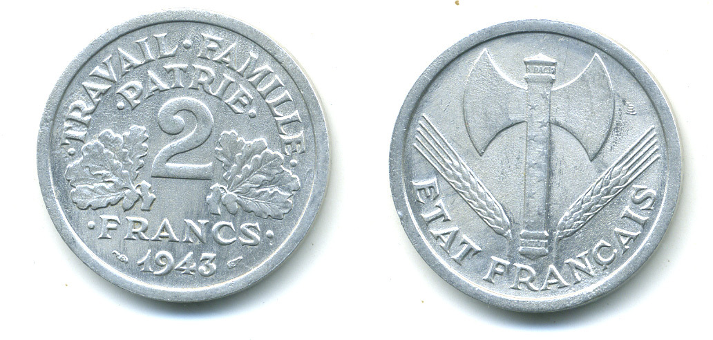 Франция 2 франка 1943 правительство Виши KM 904.1 алюминий 4381-457