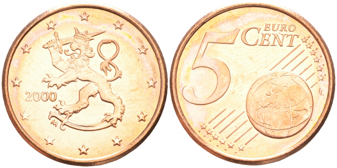 Финляндия 5 евроцентов 2000 из ролла KM 100 сталь плакированная медью UNC M5-14