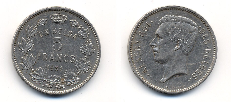 БЕЛЬГИЯ 5 ФРАНКОВ 1931 BELGES KM 97.1 никель 59-436