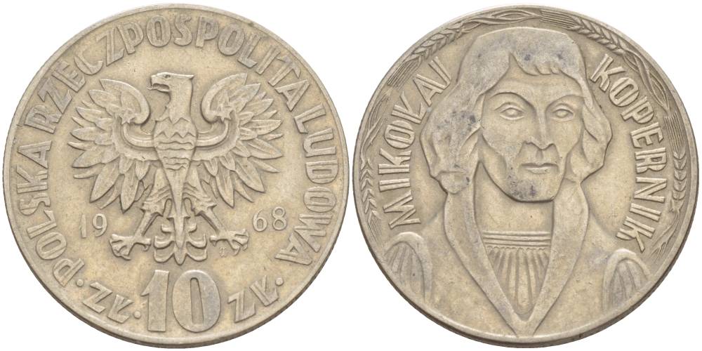 Польша 10 злотых 1968 MW, Николай Коперник KM 51а медно-никель 4542-726