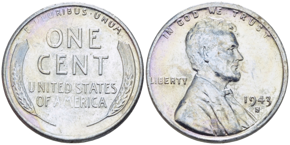 США 1 цент 1943 S (Сан-Франциско), Авраам Линкольн KM 132 a сталь плакированная цинком 39-133