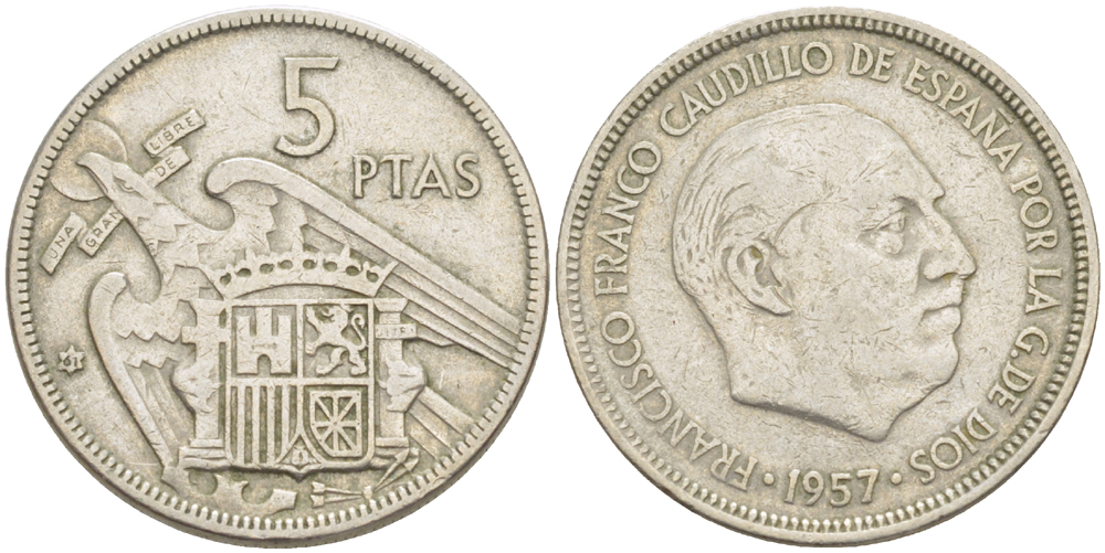 ИСПАНИЯ 5 ПЕСЕТ 1957 (61) ФРАНСИСКО ФРАНКО ДИКТАТОР ИСПАНИИ ( 1939- 1975) KM 786 медно-никель 216-642