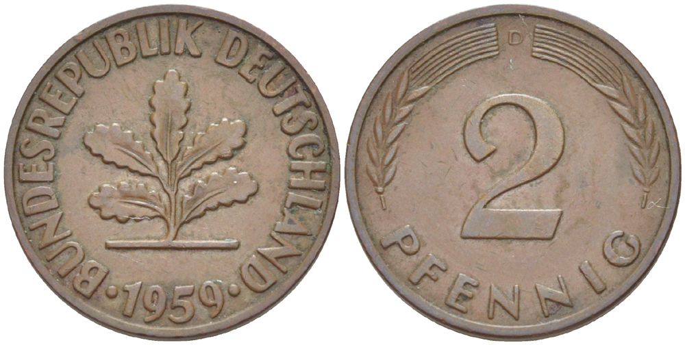 ФРГ 2 ПФЕННИГА 1959 D KM 106, J. 381 бронза 4181-722