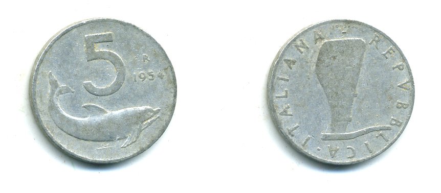 ИТАЛИЯ 5 ЛИР 1954 R, РУЛЬ, ДЕЛЬФИН KM 92 алюминий 23-1114