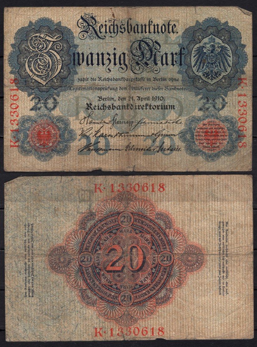 Германия 20 марок 1910 Pick 40 b бумага 6293-37-2-2