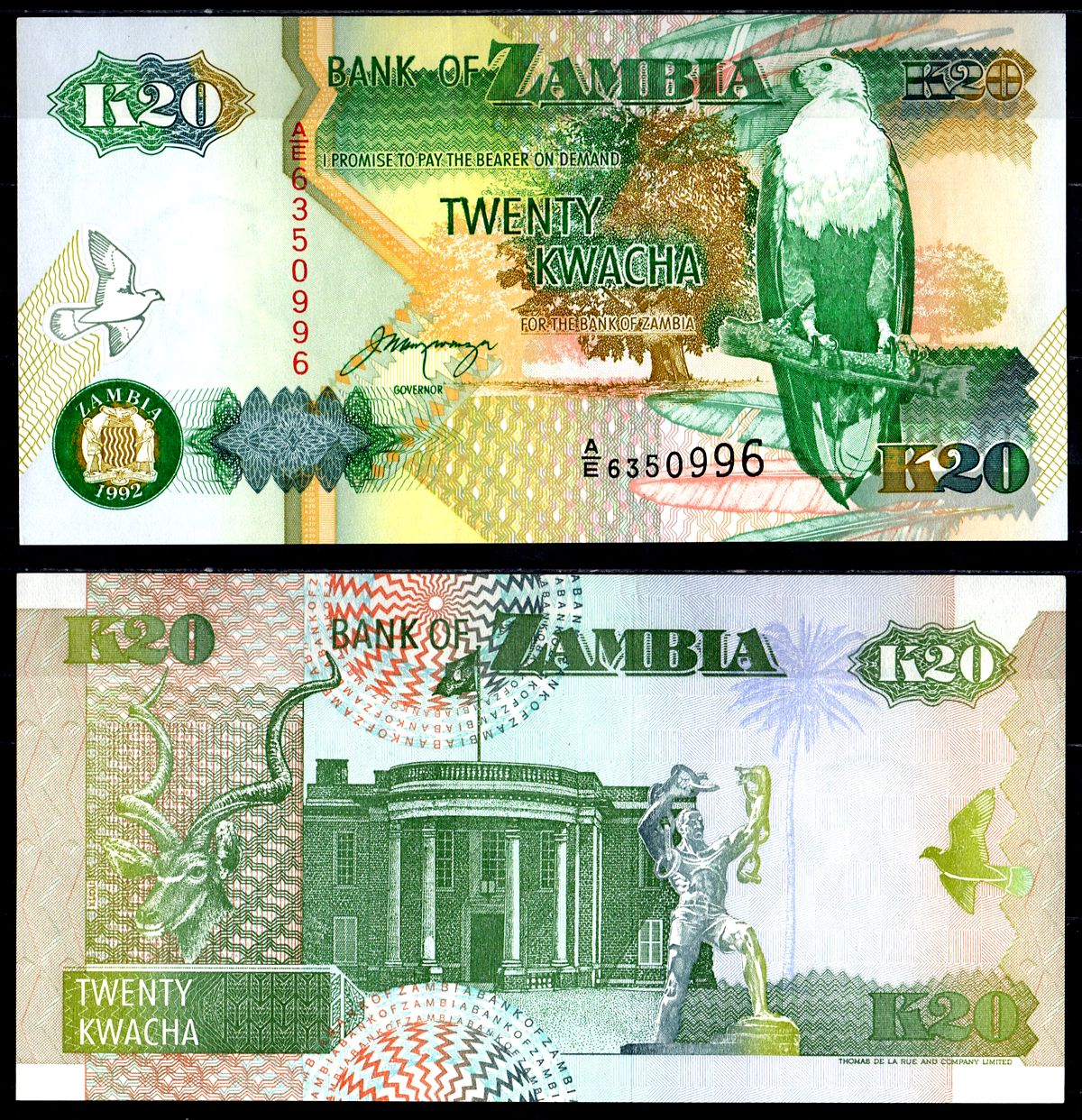 Замбия 20 квач 1992 орлан крикун, сайгак, президентский дворец, подпись Mwanza Pick 36 b бумага UNC (пресс) 6278-49-1-2