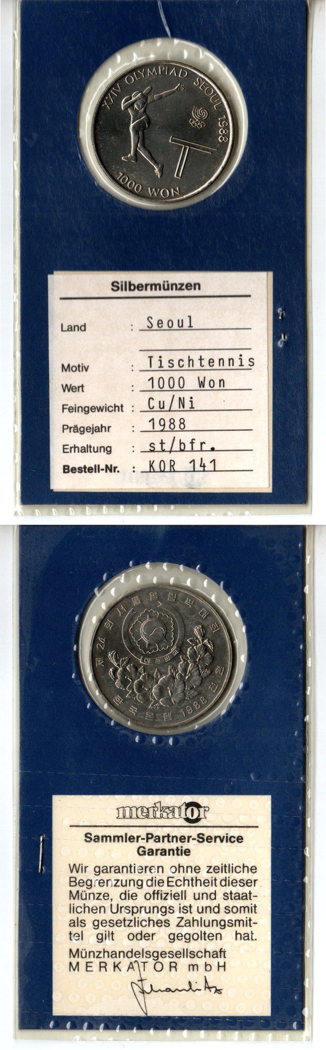 Южная Корея 1000 вон 1988 XXIV летние Олимпийские Игры, Сеул 1988 - Настольный теннис KM 49 медно-никель BU 6-6-2-57