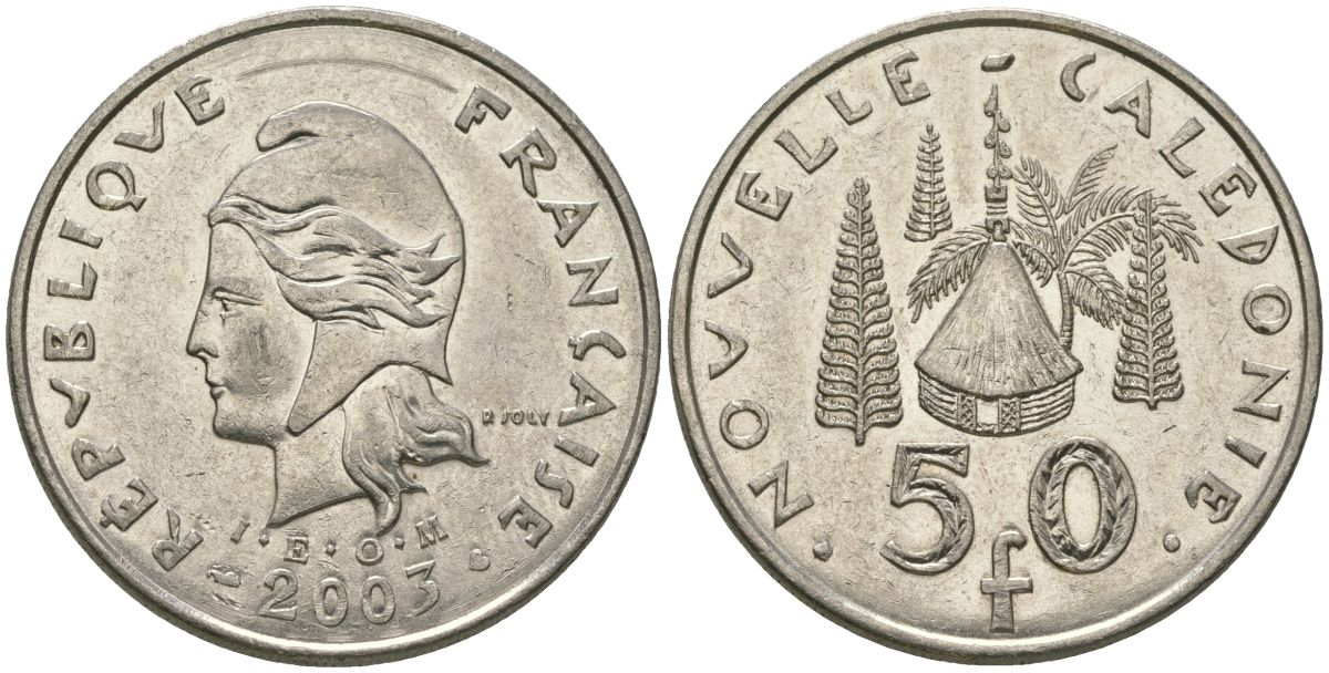 Французская Новая Каледония 50 франков 2003 хижина среди сосен и пальм, (IEOM) KM 13, Schoen 15, Lec 121 никель 111-835