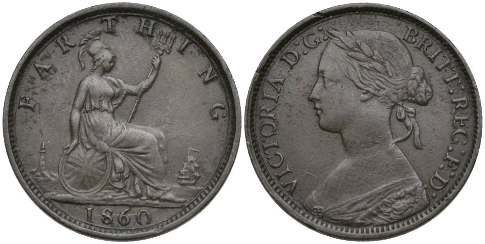 Великобритания 1 фартинг 1860 Виктория (1837-1901), зубчатая кайма KM 747.2, Spink 3958 бронза 4548-1047