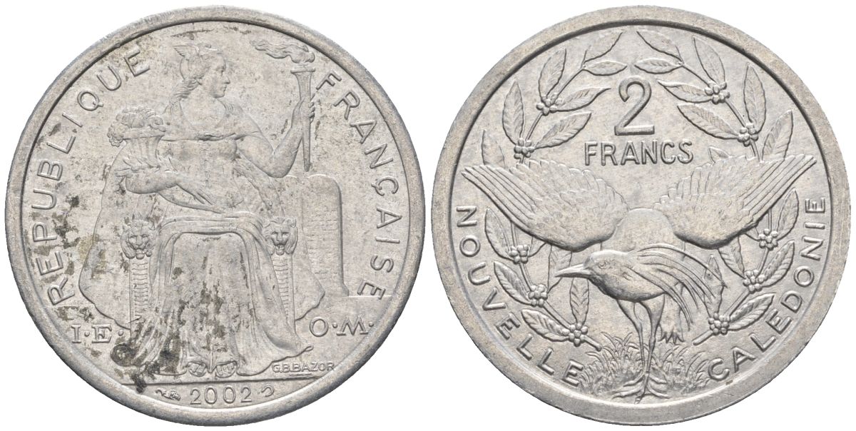 Французская Новая Каледония 2 франка 2002 птица кагу, (IEOM) KM 14, Schoen 11, Lec 68g алюминий    28-726