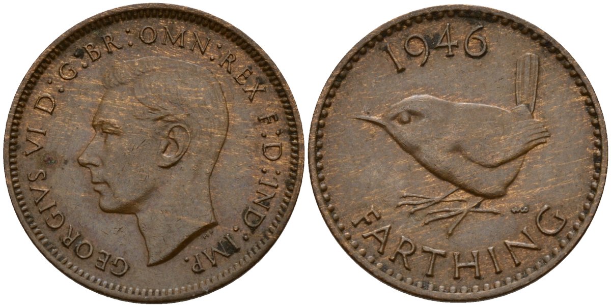 Великобритания 1 фартинг 1945 Георг VI (1936-1952) KM 843, Spink 4116 бронза 4189-841