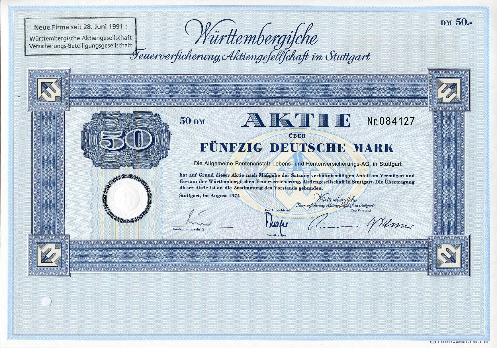 ФРГ 50 марок 1974 Акционерное общество по страхованию от пожаров Вюртемберга, акция   бумага   8803-84-1