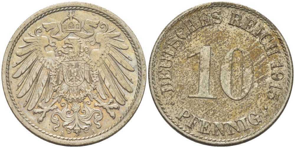 ГЕРМАНИЯ 10 ПФЕННИГОВ 1915 A KM 12, J. 13, Weege 8 медно-никель 212-315