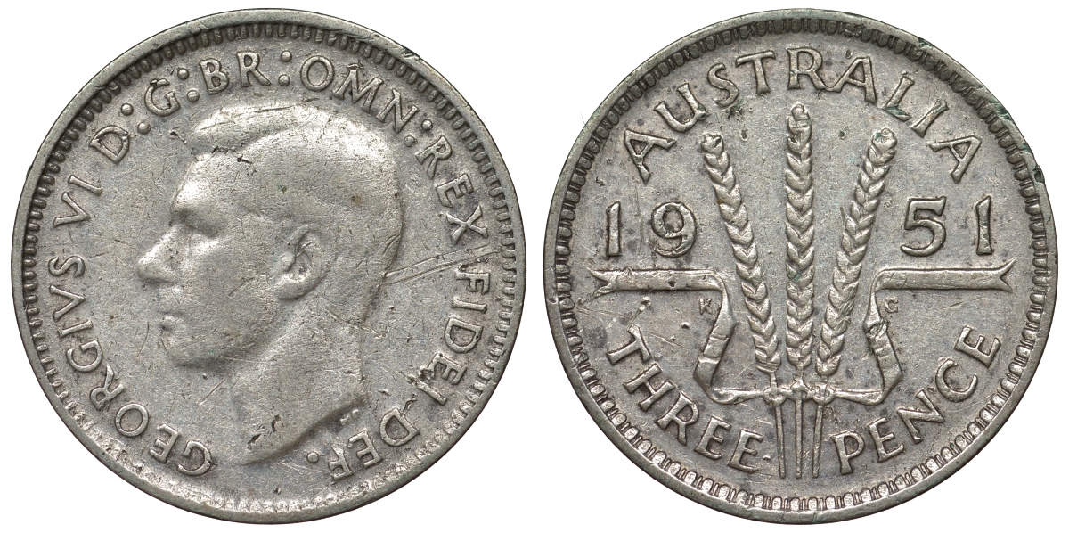 Австралия 3 пенса 1951 m, Георг VI (1937-1952), без букв KM 44 серебро 71-447