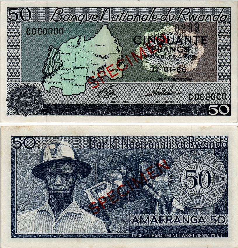 Руанда 50 франков 1966 SPECIMEN Pick 7s1 бумага UNC (пресс) 8588-83-1-1