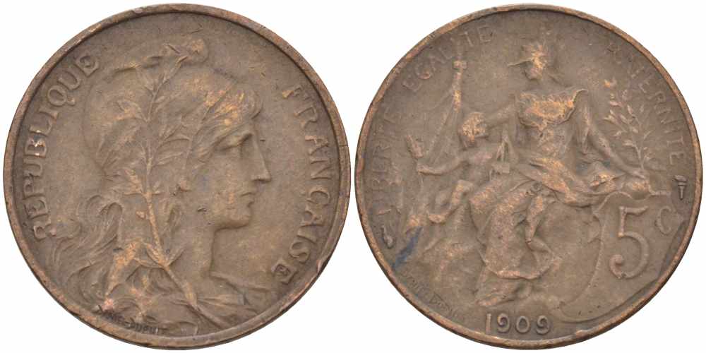 ФРАНЦИЯ 5 САНТИМОВ 1909 ТИП ДАНИЭЛЬ ДЮПЮИ KM 842, LE FRANC 119.20 бронза 108-915