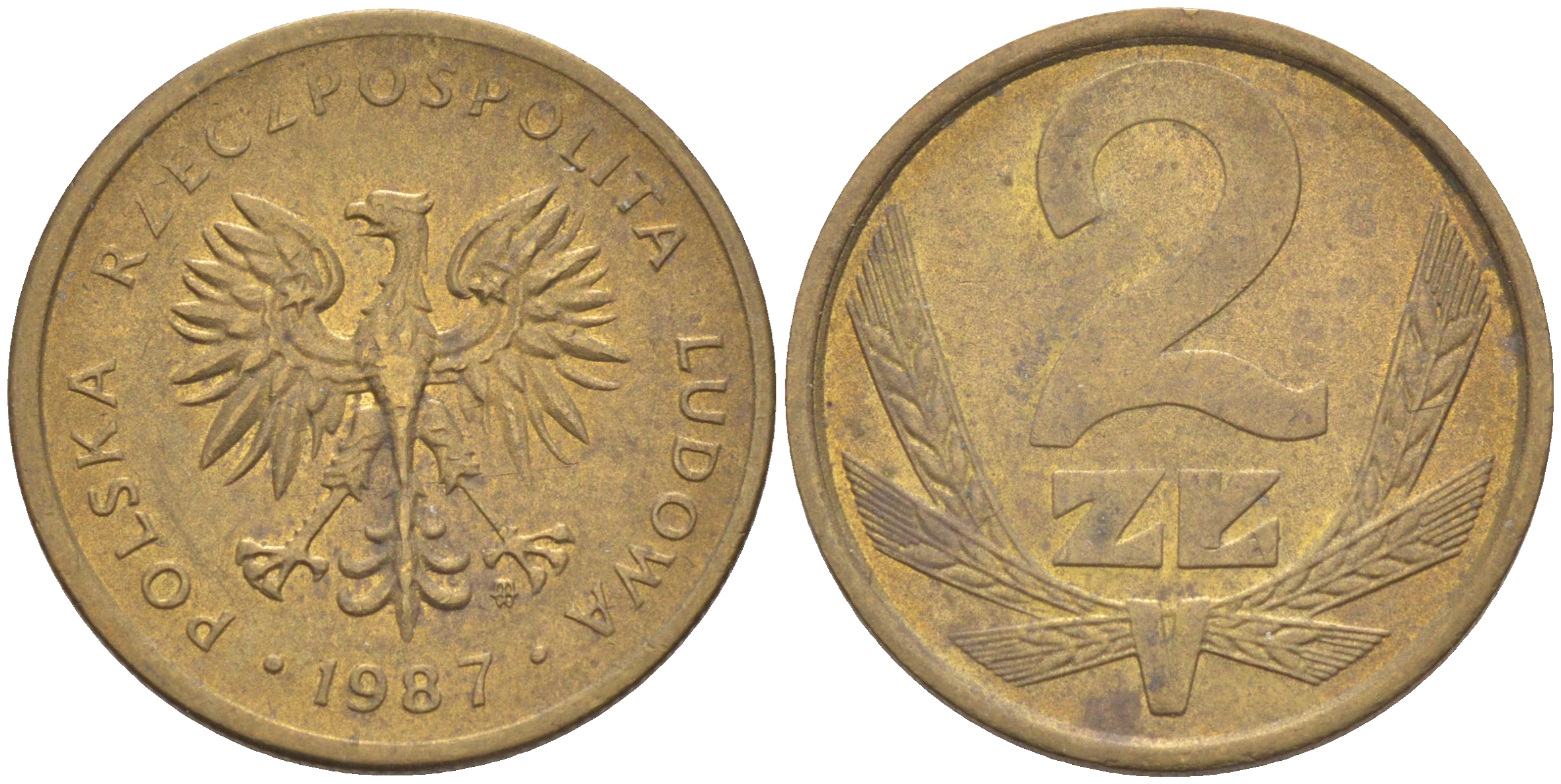 ПОЛЬША 2 ЗЛОТЫХ 1987 MW KM 80.2 латунь 187-954