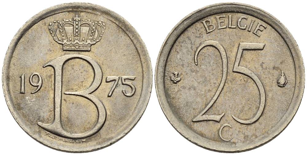 Бельгия 25 сантимов 1975 Belgie, Бодуэн I (1951-1993) KM 154.1 медно-никель 4528-1016