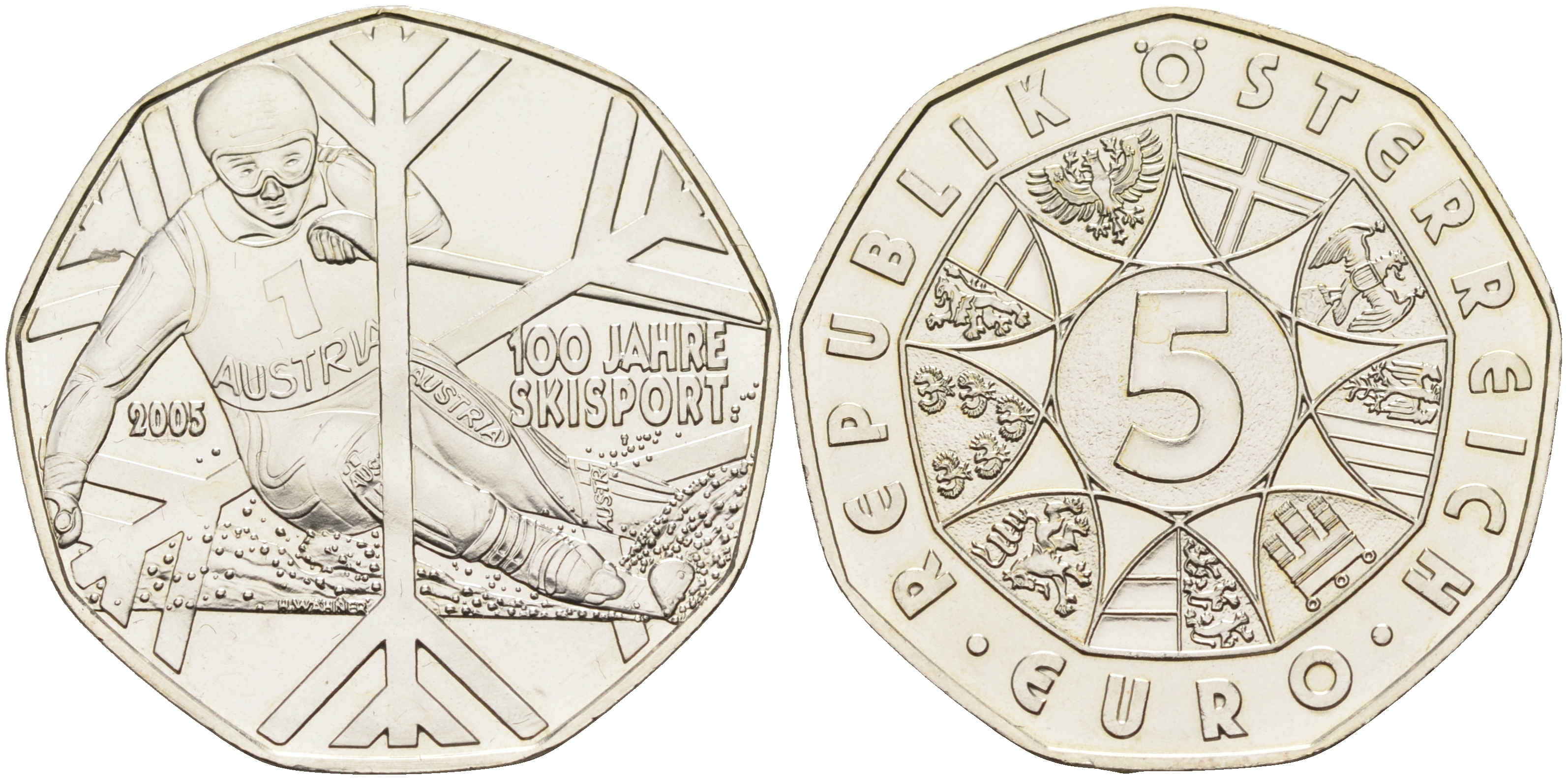 Австрия 5 евро 2005 100 лет спортивным горным лыжам KM 3117 серебро  UNC  1522-1414