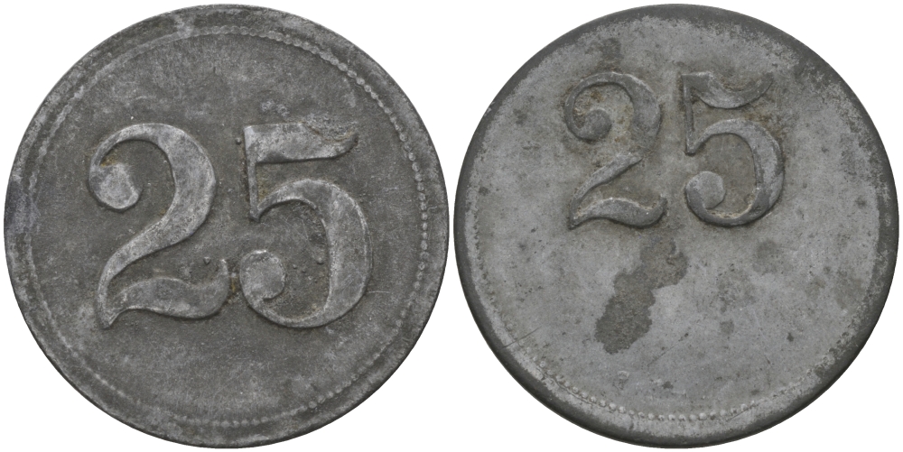 ФРАНЦИЯ 25 САНТИМОВ ND ПЛАТЕЖНЫЙ ЖЕТОН НАЧАЛА XX ВЕКА, НОМИНАЛ НА РЕВЕРСЕ СМЕЩЕН К ВЕРХНЕМУ КРАЮ, ДИАМЕТР 24 ММ. цинк 98-932