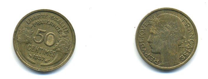 ФРАНЦИЯ 50 САНТИМОВ 1937 ТИП MORLON KM 894.1, LE FRANC 192.13 алюминиевая бронза 80-862