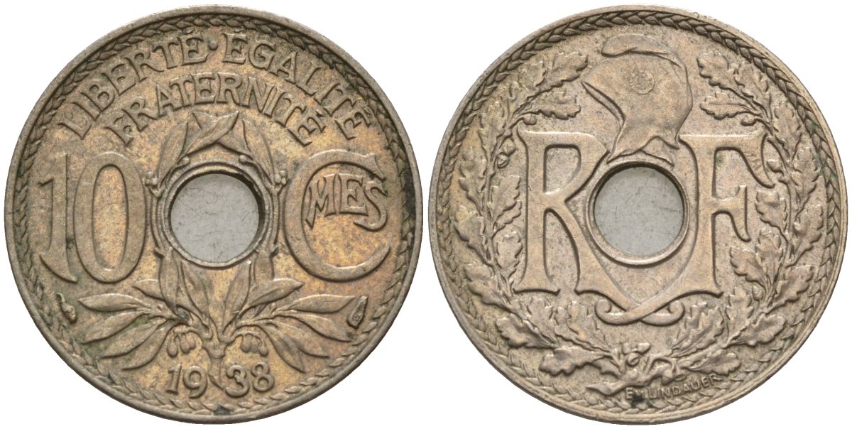 Франция 10 сантимов 1938 KM 866a, Le Franc 138.3 медно-никель 4143-1044