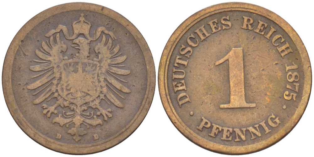 ГЕРМАНИЯ 1 ПФЕННИГ 1875 D, СТАРОГЕРБОВКА KM 1, J. 1, Weege 1 медь 206-1031