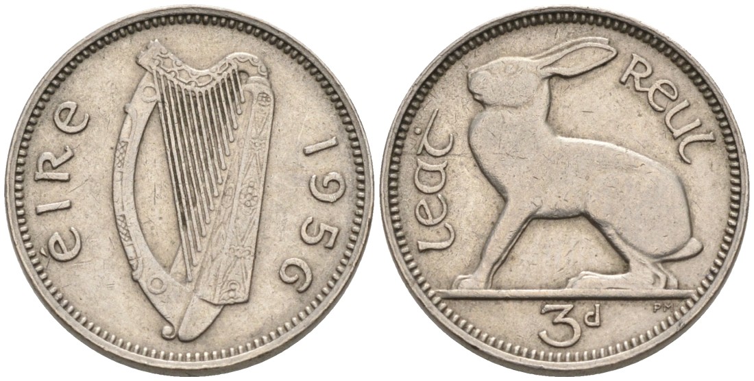 Ирландия 3 пенса 1956 заяц KM 12а медно-никель 92-231