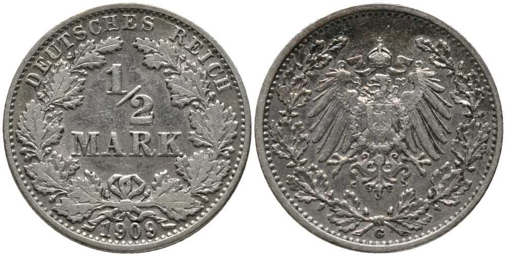 ГЕРМАНИЯ 1/2 МАРКИ 1909 G KM 17, J. 16, Weege 16 серебро 4448-735