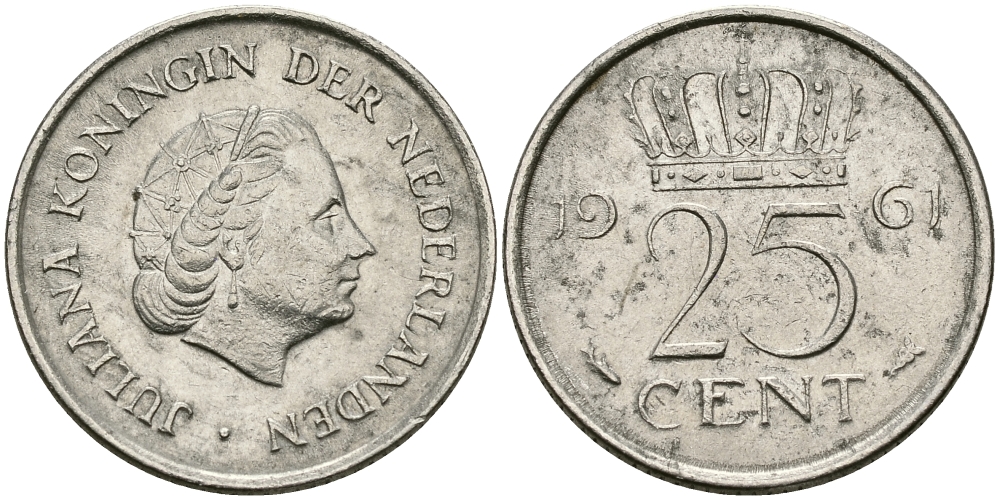 НИДЕРЛАНДЫ 25 ЦЕНТОВ 1961 ЮЛИАНА KM 183 никель 96-146