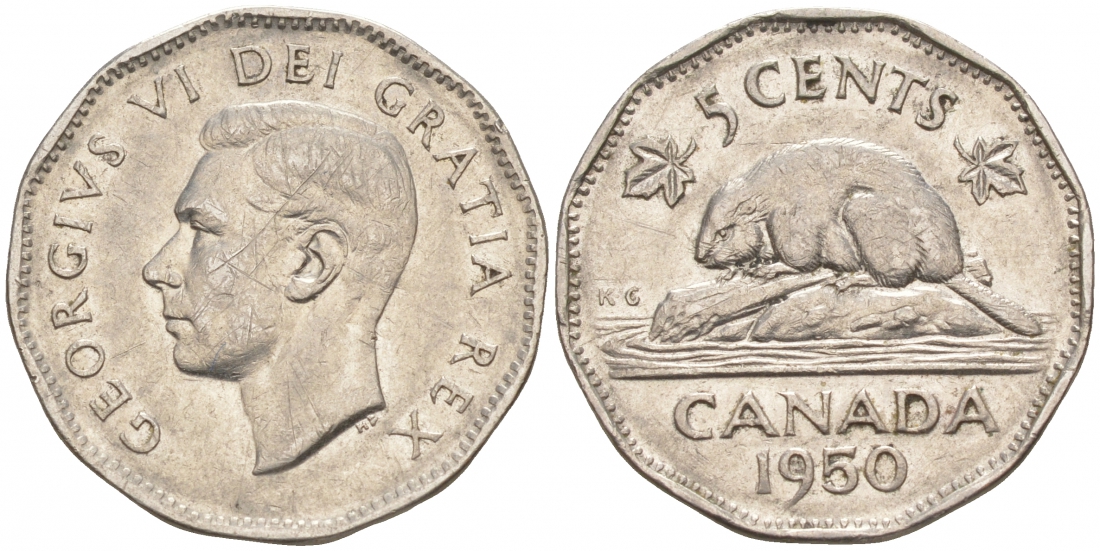 Канада 5 центов 1950 бобр, Георг VI (1937-1952) KM 42 никель 73-1346