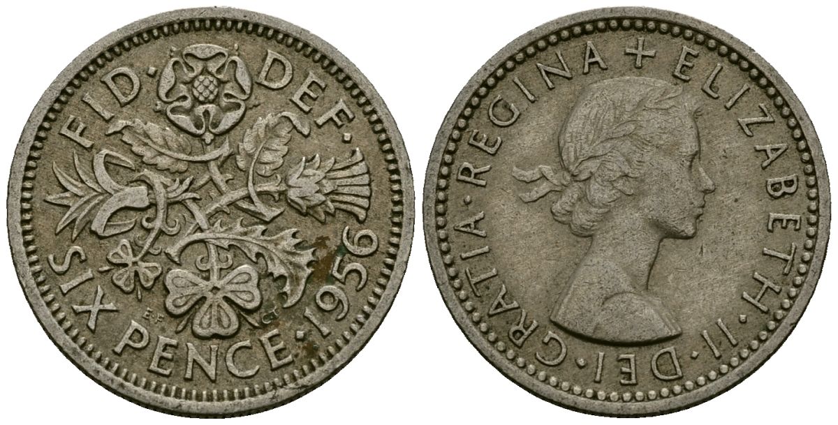 Великобритания 6 пенсов 1956 Елизавета II (1952-2022) KM 903, Spink 4149 медно-никель 4174-132