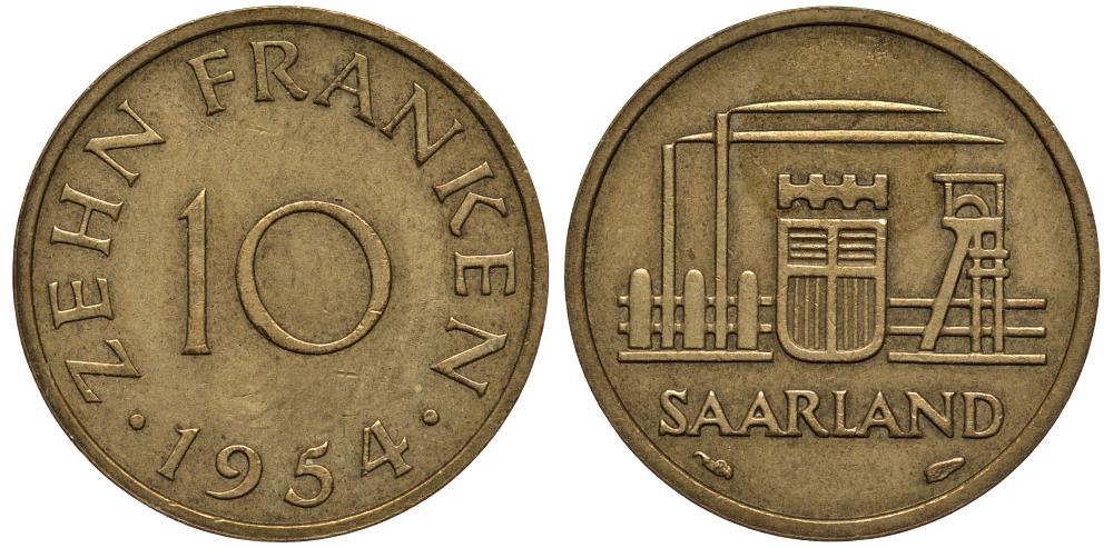 Саарланд 10 франков 1954 индустрия KM 1 алюминиевая бронза 413-4933